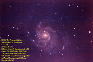 M101 is gorgeous, but because it's face-on, it's very, very faint. Even with four hours of exposure, I'm only barely catching detail in the outer arms.